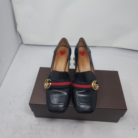 GUCCI BLACK GG PEYTON PEARL LEATHER HEEL SHOE - Picture 10 of 11